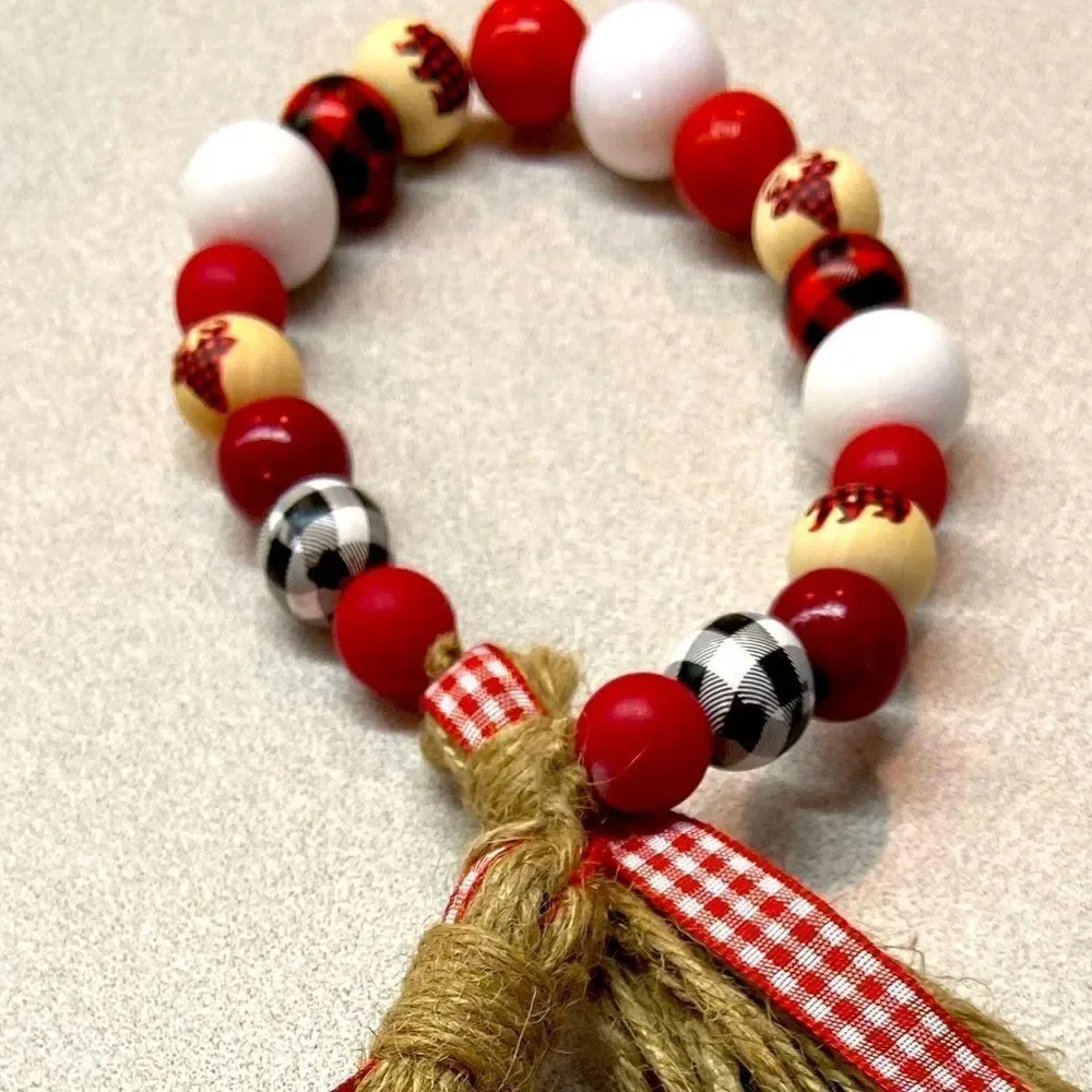 NEW Wood Bead Garland with Plaid Tassels
